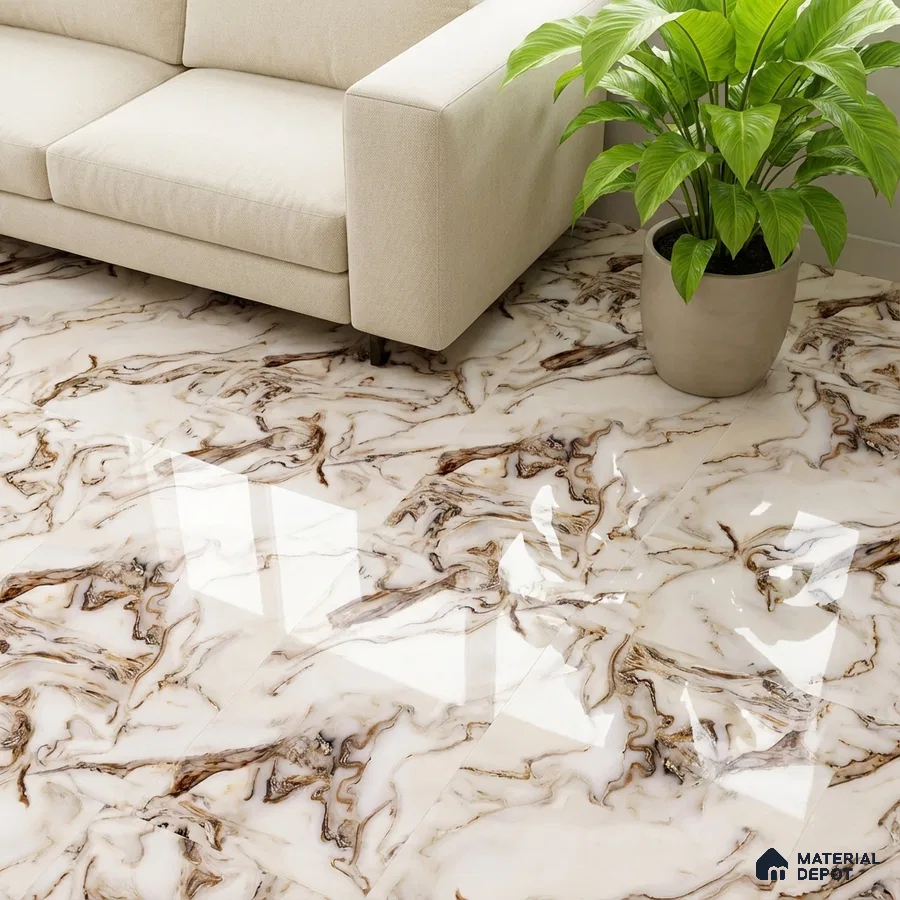 Modern living room with glossy marble-look floor tiles and beige sofa