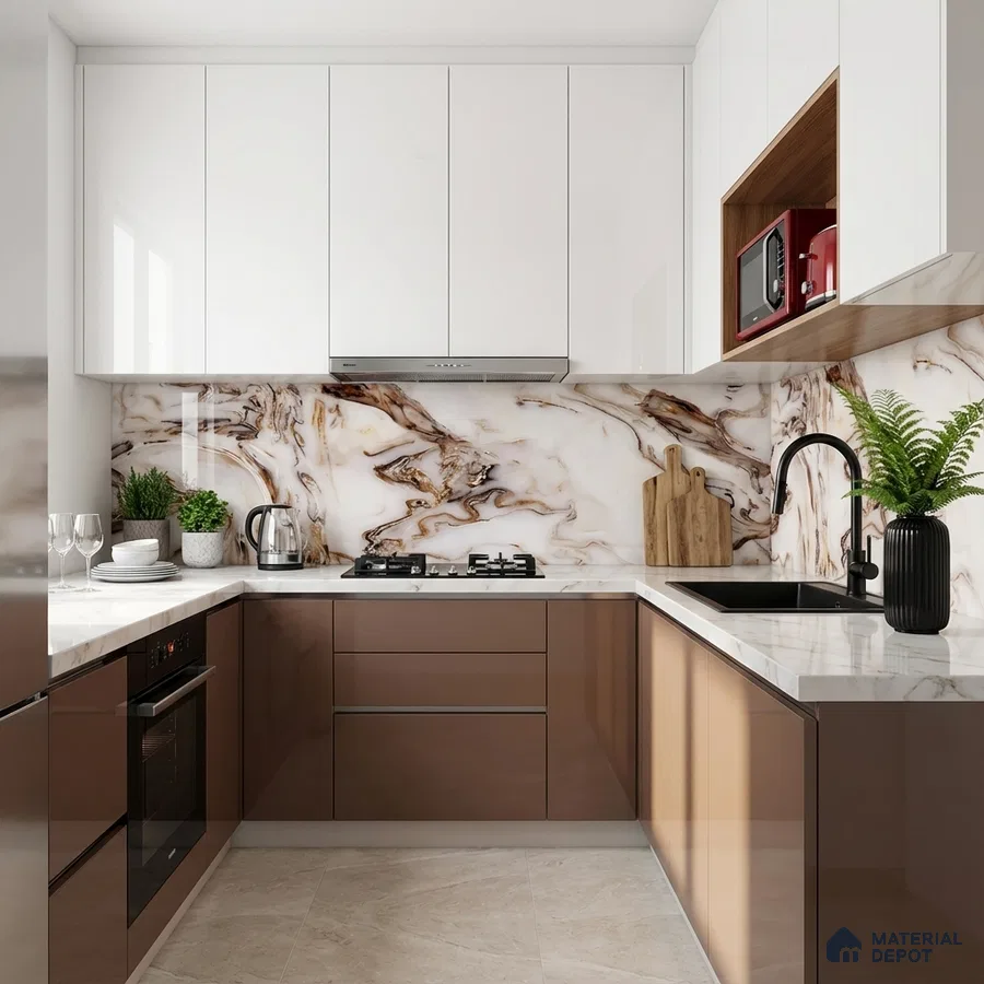 Modern U-shaped kitchen with glossy brown and white laminate, marble-look backsplash and countertop