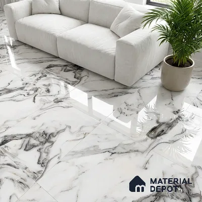 Modern living room with glossy white marble floor tiles and neutral fabric sofa