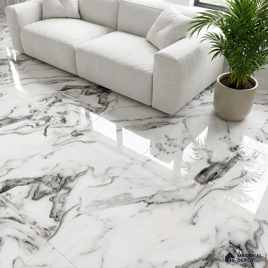 Modern living room with glossy white marble floor tiles and neutral fabric sofa