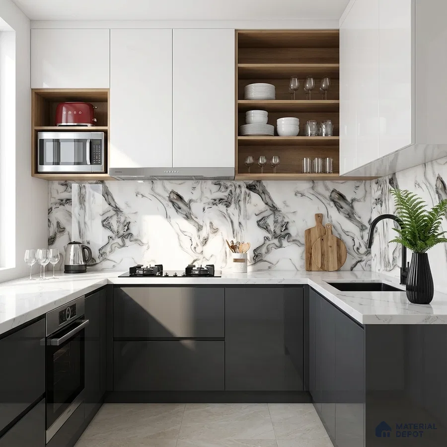 Modern kitchen with white marble-look backsplash, glossy grey and white laminate cabinets, and white quartz countertop