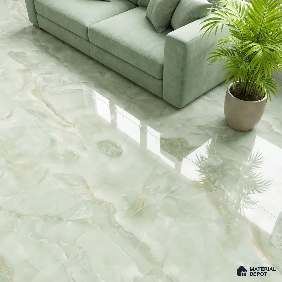 Modern living room with mint green marble-look glossy floor tiles and pastel green fabric sofa