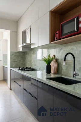 Modern kitchen with glossy black laminate, frosty white laminate, and green marble-look backsplash and countertop