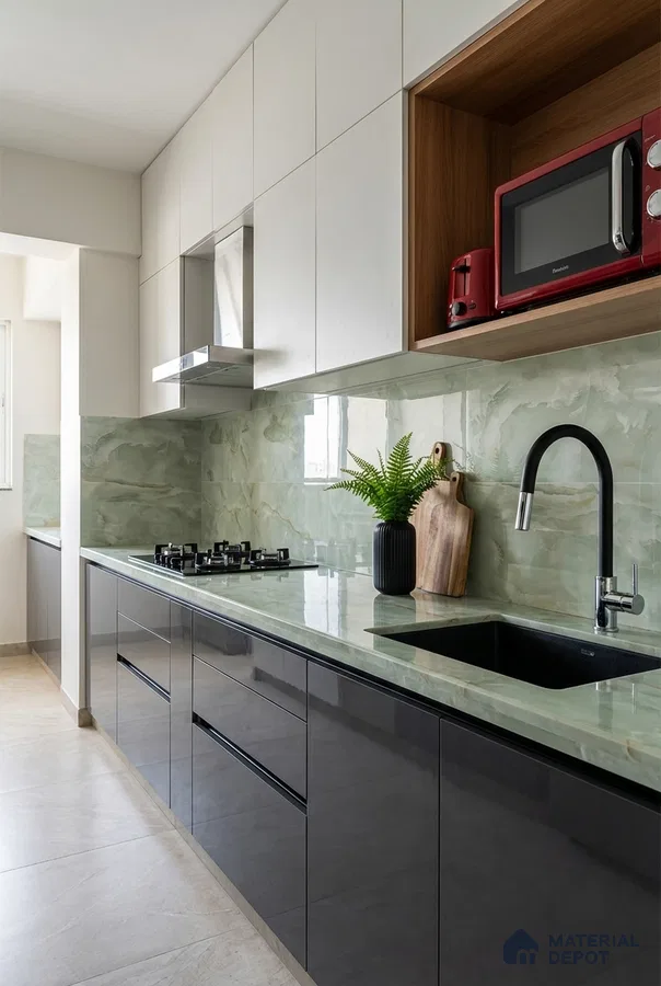 Modern kitchen with glossy black laminate, frosty white laminate, and green marble-look backsplash and countertop