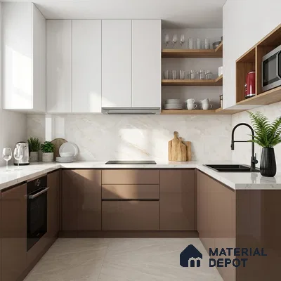 Modern dual tone kitchen with glossy brown and white laminate, marble-look backsplash, and white quartz countertop