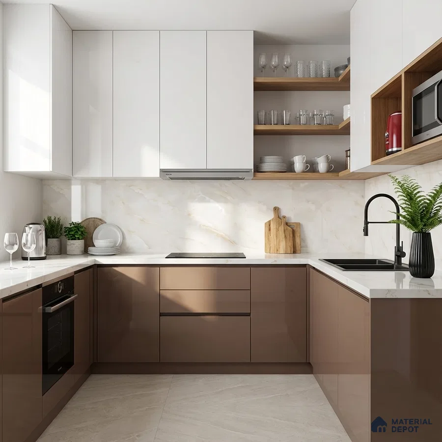 Modern dual tone kitchen with glossy brown and white laminate, marble-look backsplash, and white quartz countertop