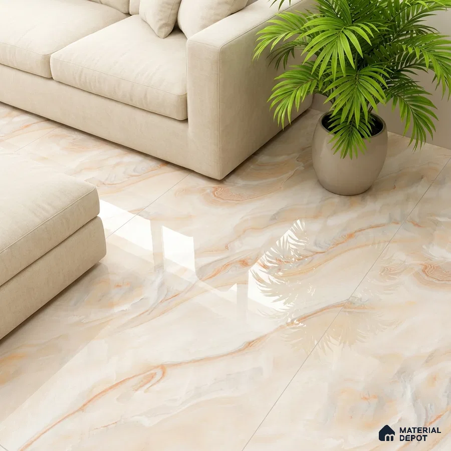 Modern living room with beige sofa and glossy marble-look floor tiles