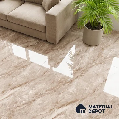Modern living room with beige marble-look glossy floor tiles and neutral sofa