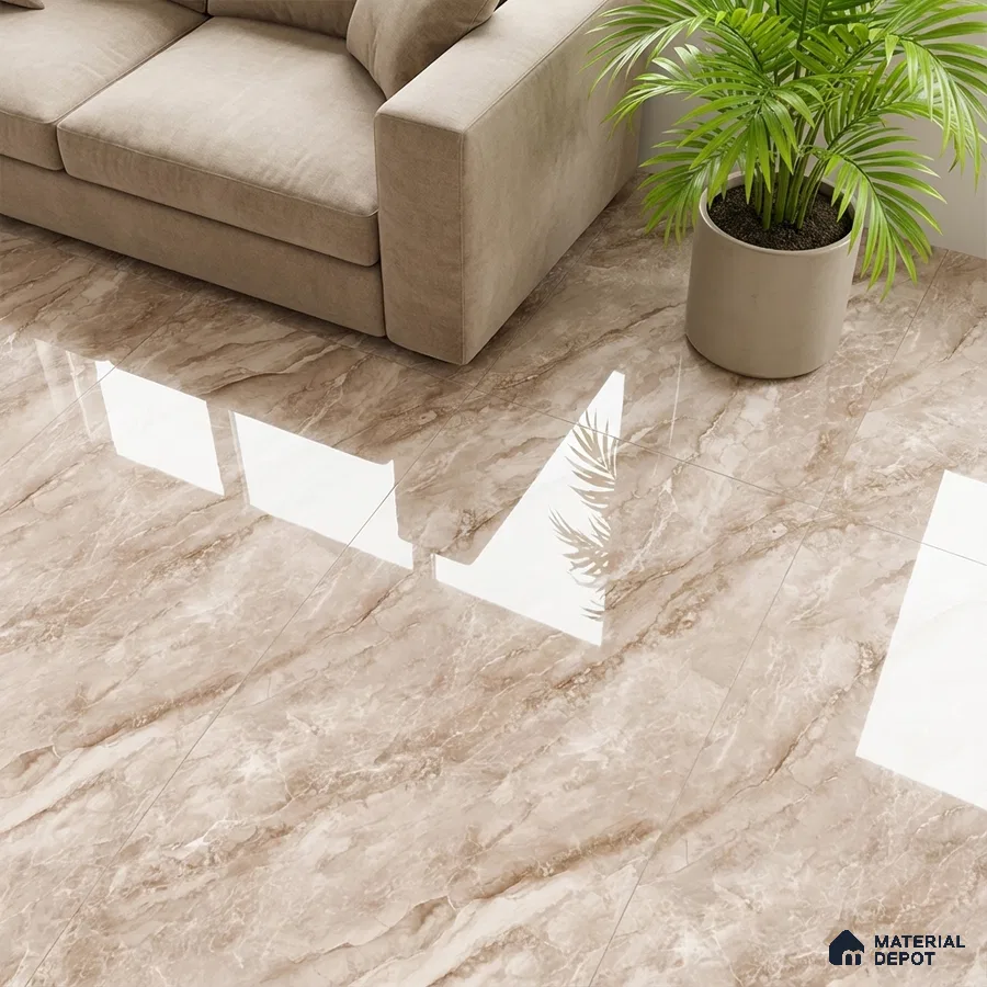 Modern living room with beige marble-look glossy floor tiles and neutral sofa