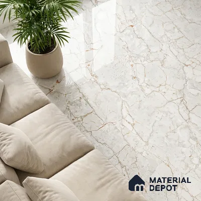 Modern living room with beige suede sofa and polished white marble floor tile