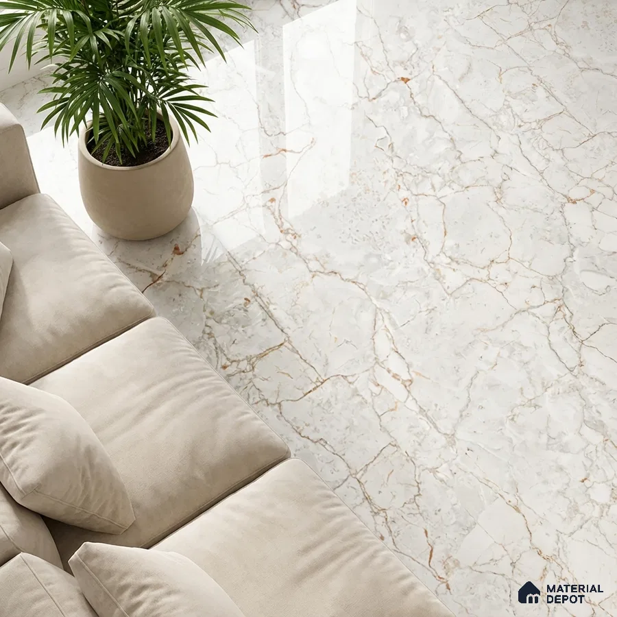 Modern living room with beige suede sofa and polished white marble floor tile