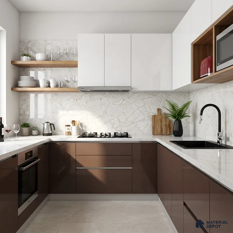 Modern L-shaped kitchen with glossy brown and white laminate, marble-look backsplash, and white quartz countertop