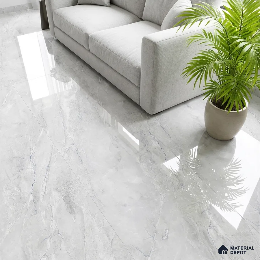 Minimalist living room with glossy light grey marble floor tiles and fabric sofa