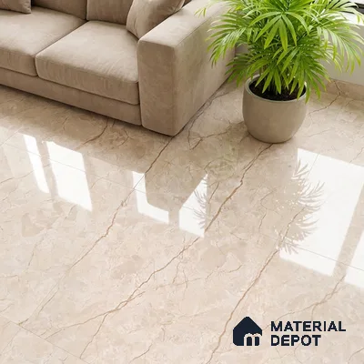 Modern living room with beige marble floor tiles and neutral fabric sofa