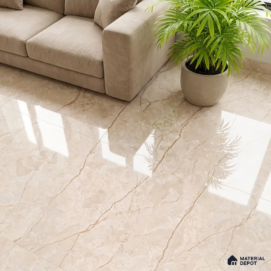 Modern living room with beige marble floor tiles and neutral fabric sofa