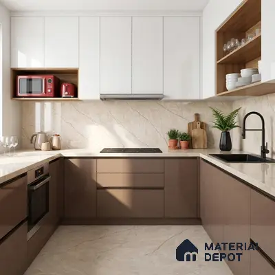 Modern U-shaped kitchen with glossy taupe and white laminate, beige marble-look backsplash and countertop