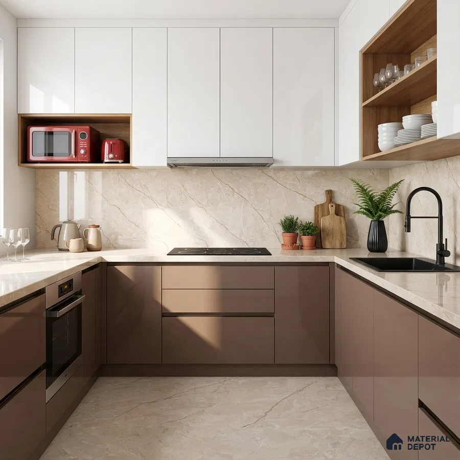 Modern U-shaped kitchen with glossy taupe and white laminate, beige marble-look backsplash and countertop