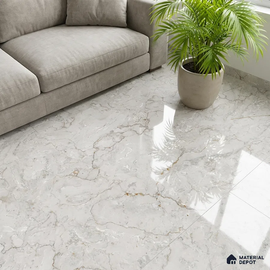 Modern living room with beige sofa and polished white marble floor tiles