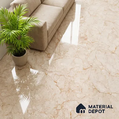 Modern living room with beige marble-look glossy floor tiles and neutral fabric sofa