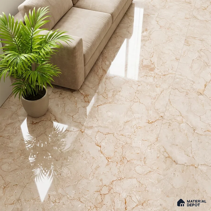Modern living room with beige marble-look glossy floor tiles and neutral fabric sofa