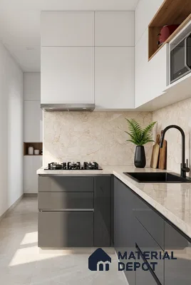 Modern dual tone kitchen with glossy grey laminate, frosty white laminate, and beige marble backsplash