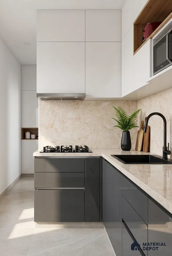 Modern dual tone kitchen with glossy grey laminate, frosty white laminate, and beige marble backsplash