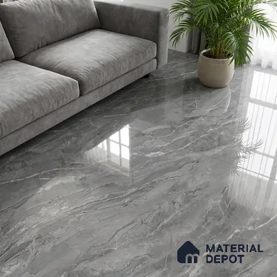 Modern living room with grey marble-look polished floor tiles and suede grey sofa