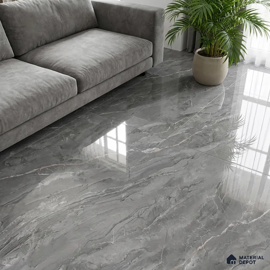 Modern living room with grey marble-look polished floor tiles and suede grey sofa