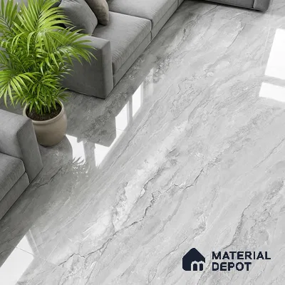 Modern living room with grey marble-look polished floor tiles and grey fabric sofa