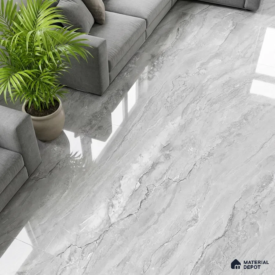 Modern living room with grey marble-look polished floor tiles and grey fabric sofa