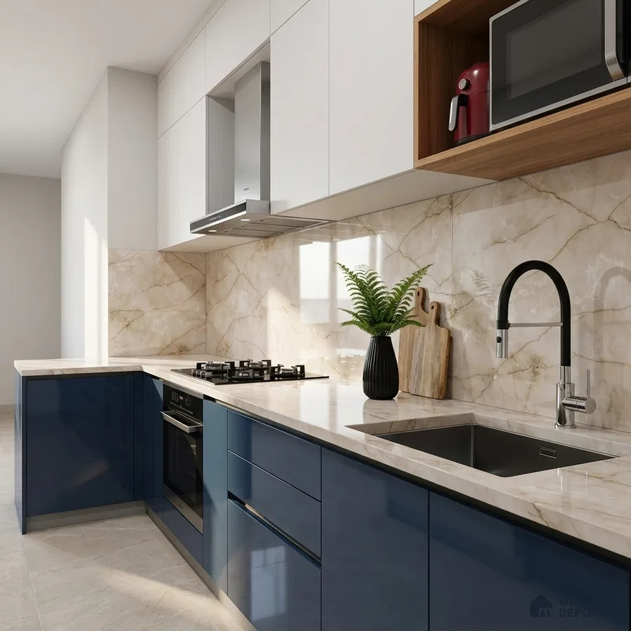 Modern kitchen with blue high gloss laminate, white marble-look backsplash tile, and beige quartz countertop
