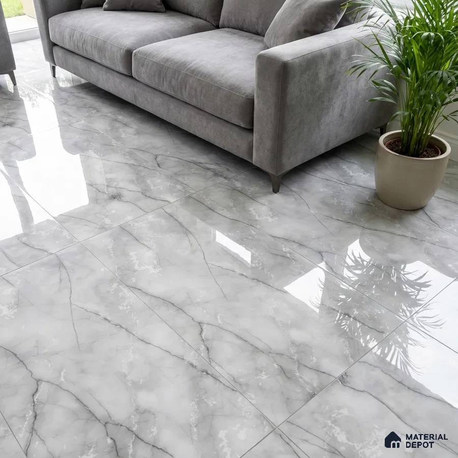 Modern living room with grey marble-look glossy floor tiles and grey velvet sofa