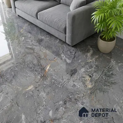 Modern living room with grey marble-look polished floor tiles and grey fabric sofa