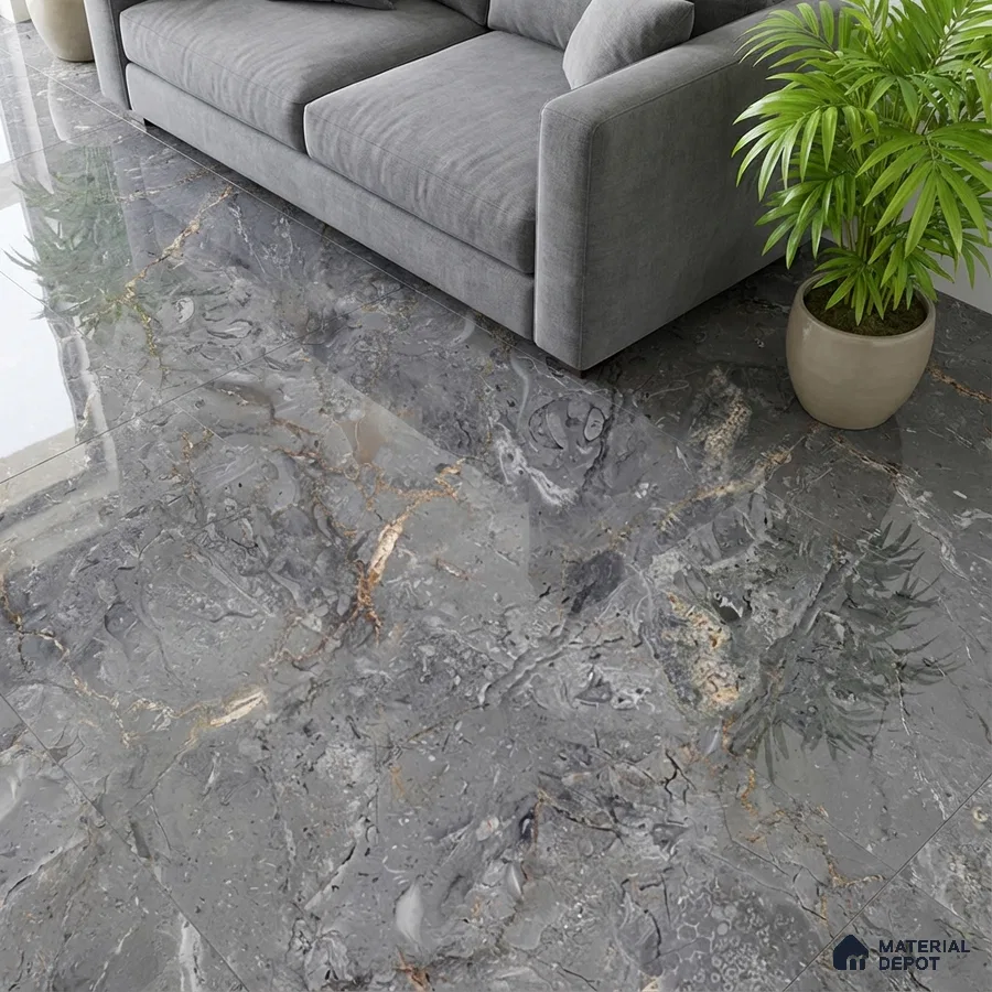 Modern living room with grey marble-look polished floor tiles and grey fabric sofa