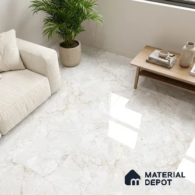Minimalist living room with glossy white marble floor tiles and beige sofa