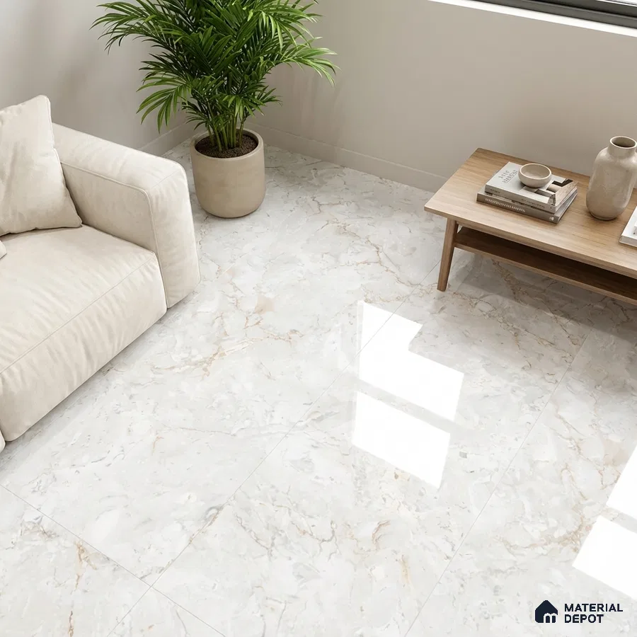 Minimalist living room with glossy white marble floor tiles and beige sofa