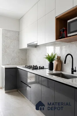 Modern dual tone kitchen with white marble-look backsplash, glossy grey and white laminate cabinets, and quartz countertop