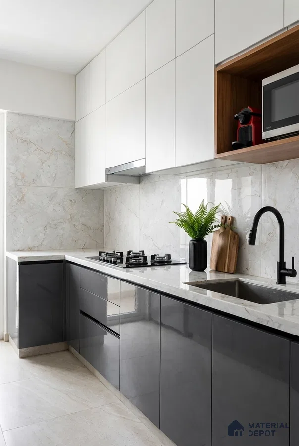 Modern dual tone kitchen with white marble-look backsplash, glossy grey and white laminate cabinets, and quartz countertop
