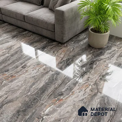 Modern living room with grey marble-look polished floor tiles and grey fabric sofa