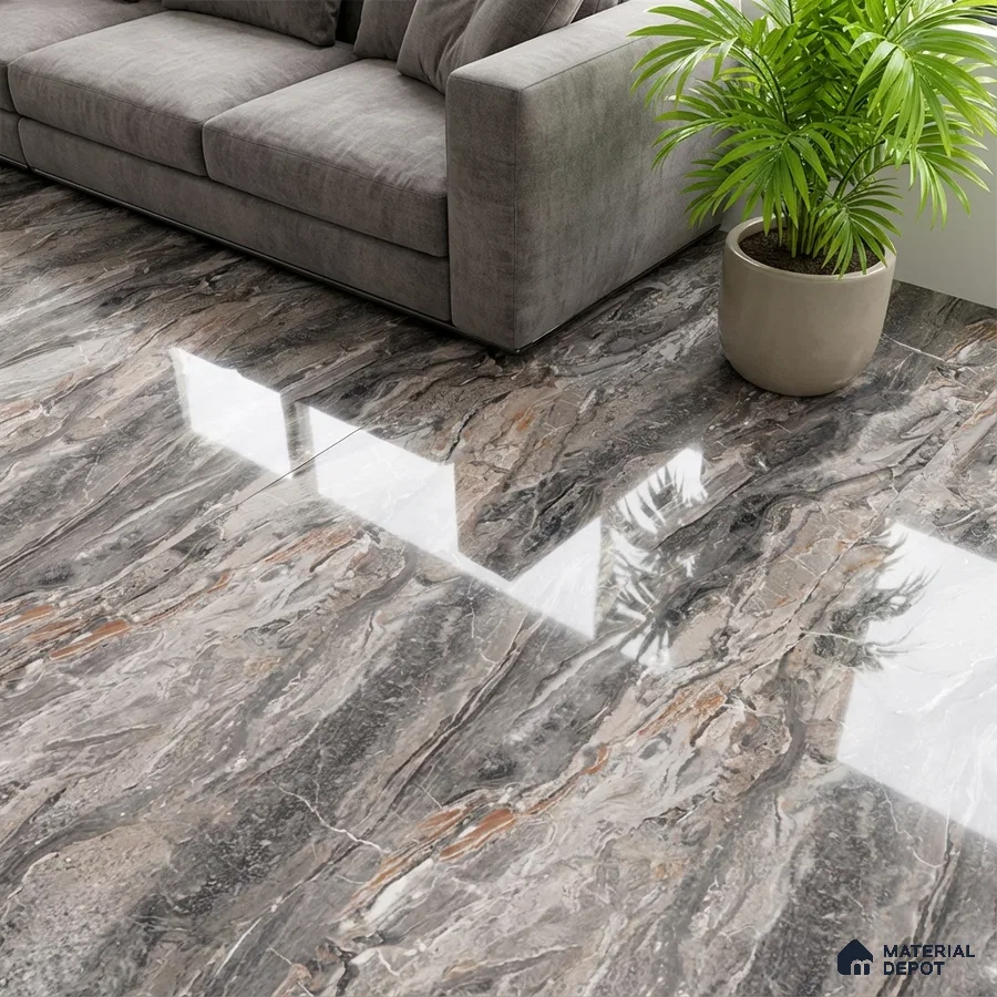 Modern living room with grey marble-look polished floor tiles and grey fabric sofa