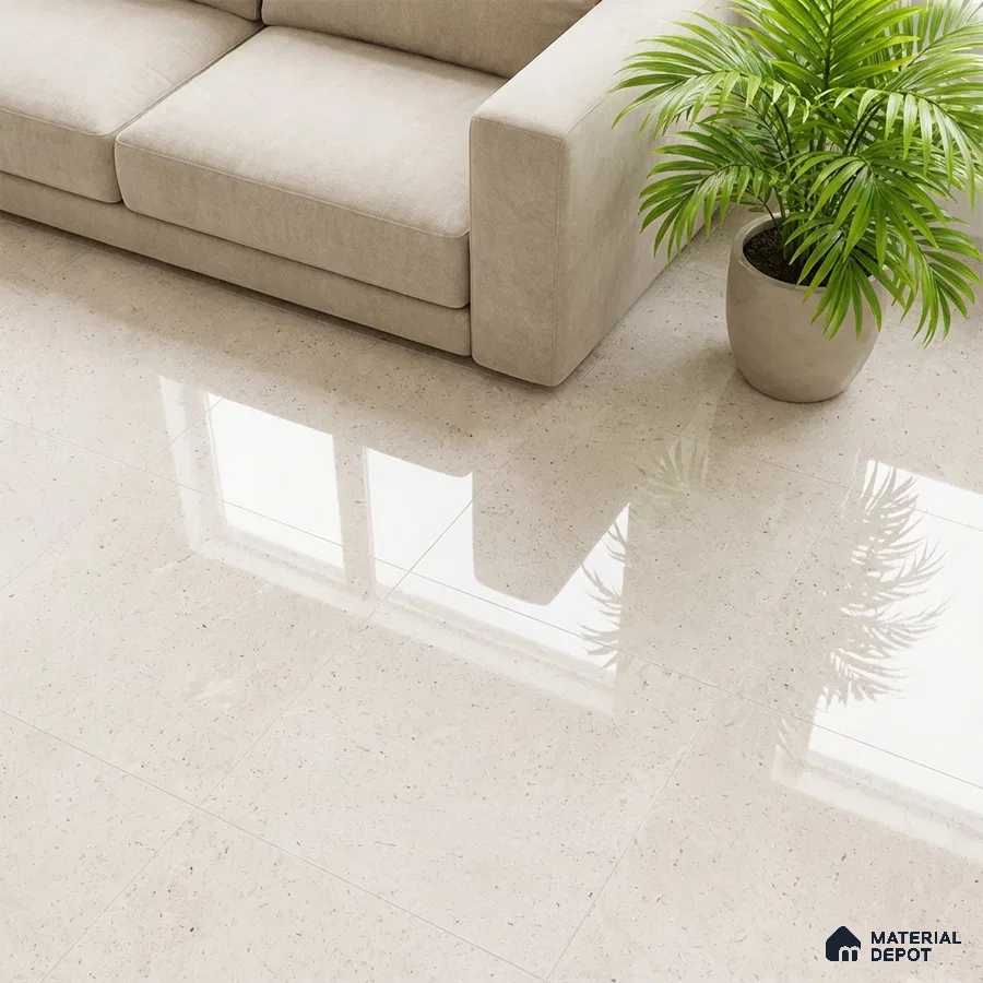 Minimalist living room with beige polished marble floor tiles and neutral fabric sofa