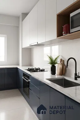 Modern dual tone kitchen with navy blue high gloss laminate, frosty white laminate, and white marble-look quartz countertop