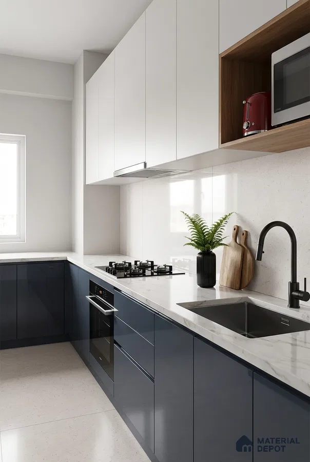 Modern dual tone kitchen with navy blue high gloss laminate, frosty white laminate, and white marble-look quartz countertop