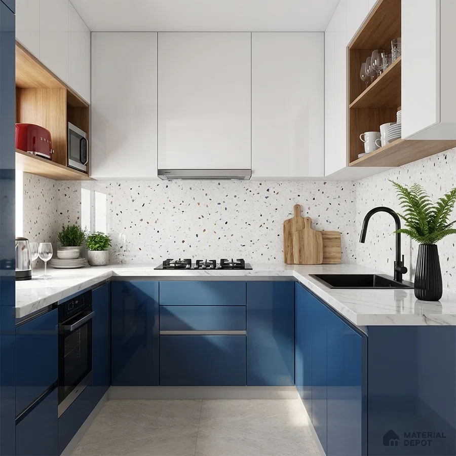 Modern dual tone kitchen with blue high gloss laminate, white laminate, and terrazzo backsplash
