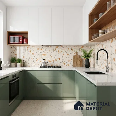 Modern kitchen with sage green and white laminate, terrazzo backsplash tile, and white quartz countertop