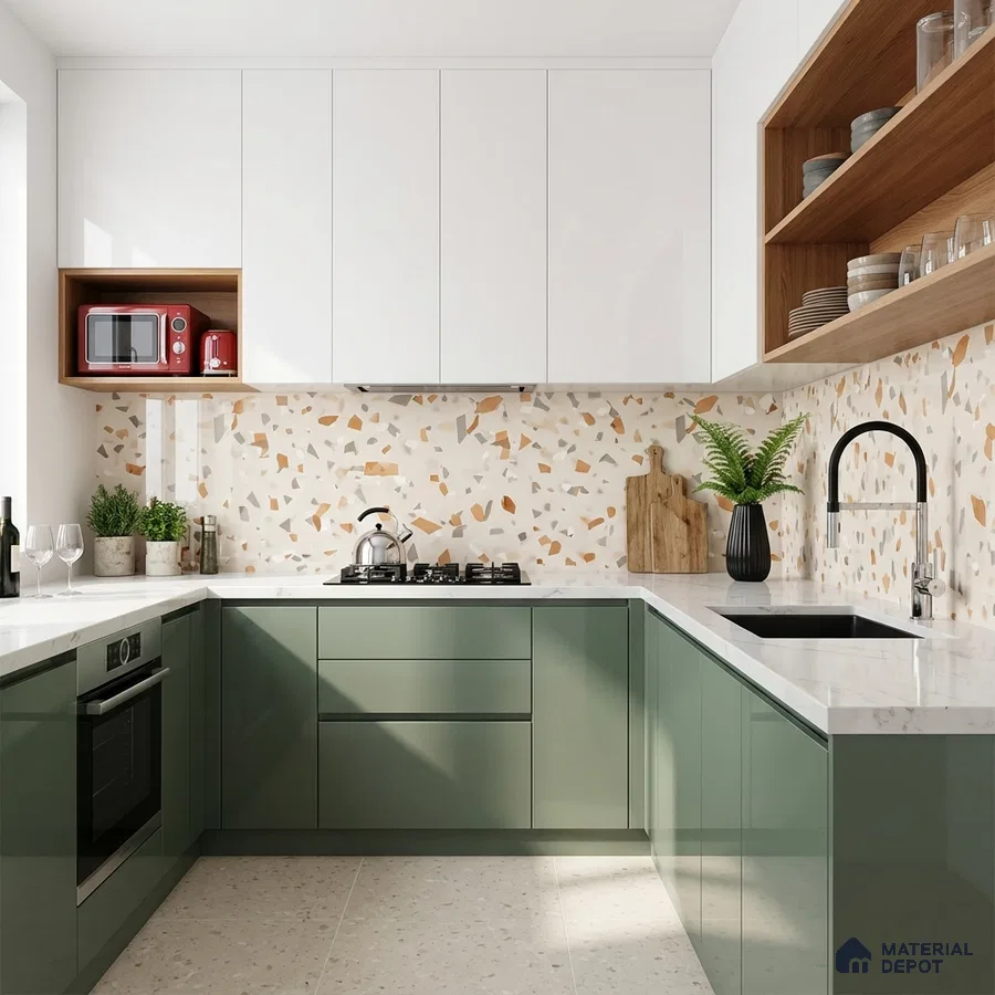 Modern kitchen with sage green and white laminate, terrazzo backsplash tile, and white quartz countertop