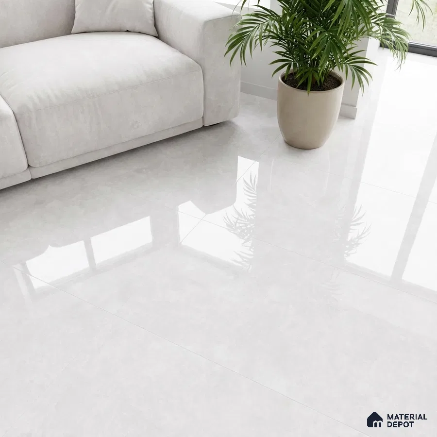 Minimalist living room with glossy white marble-look floor tiles and off-white fabric sofa