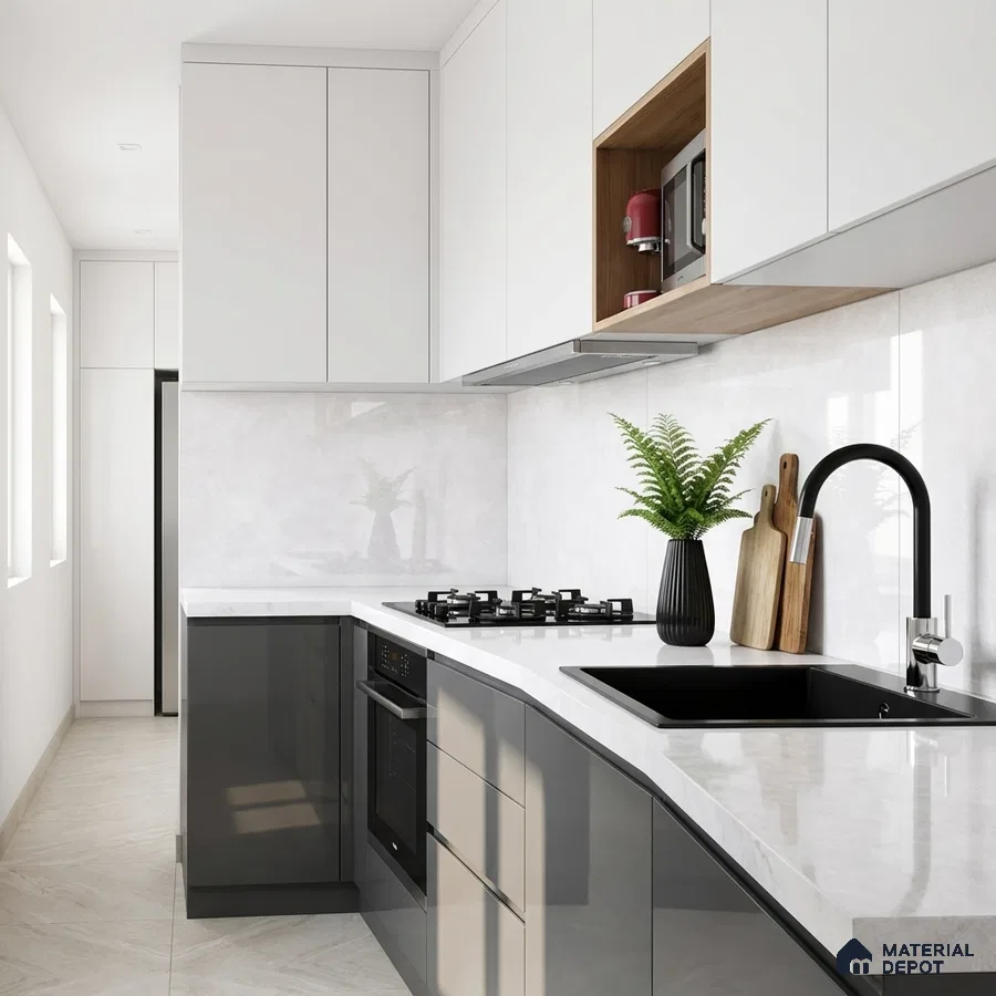 Modern dual tone kitchen with frosty white and graphite grey high gloss laminate, white quartz countertop, and white marble look backsplash