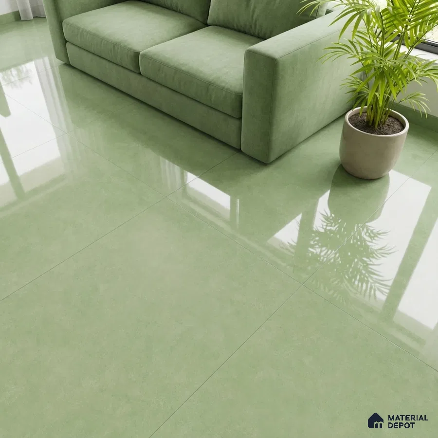 Minimalist living room with sage green sofa and glossy sage green floor tiles
