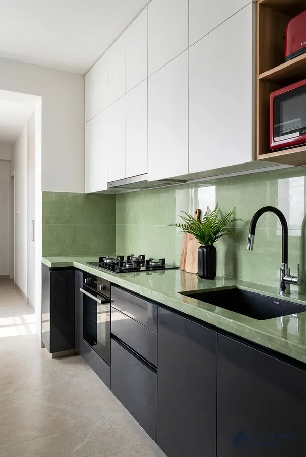Modern dual tone kitchen with glossy black laminate, frosty white laminate, and sage green marble-look backsplash and countertop